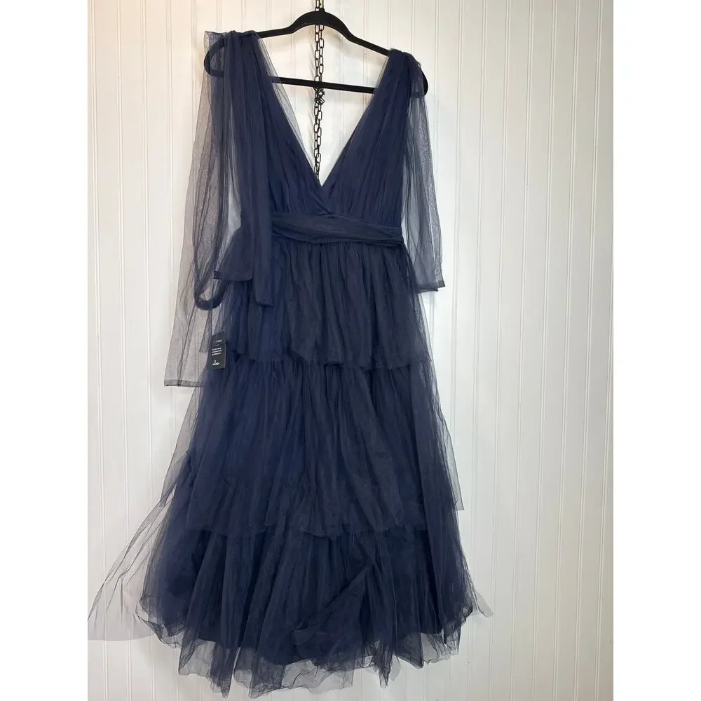 NWT Lulus Flawless Arrival Navy Blue Tulle Tie-Strap Tiered Maxi Dress Size L